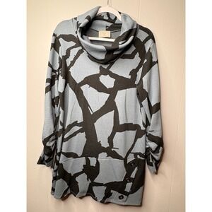 Chalet et ceci Women Blue Black Abstract Cowl Neck Tunic Top Ruched Sleeve S